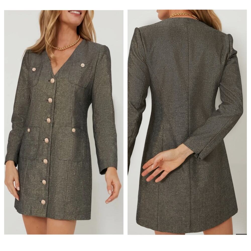 Pomander Place Mini Dress Metallic Gold Keira Linen Blend Long Sleeve size XL